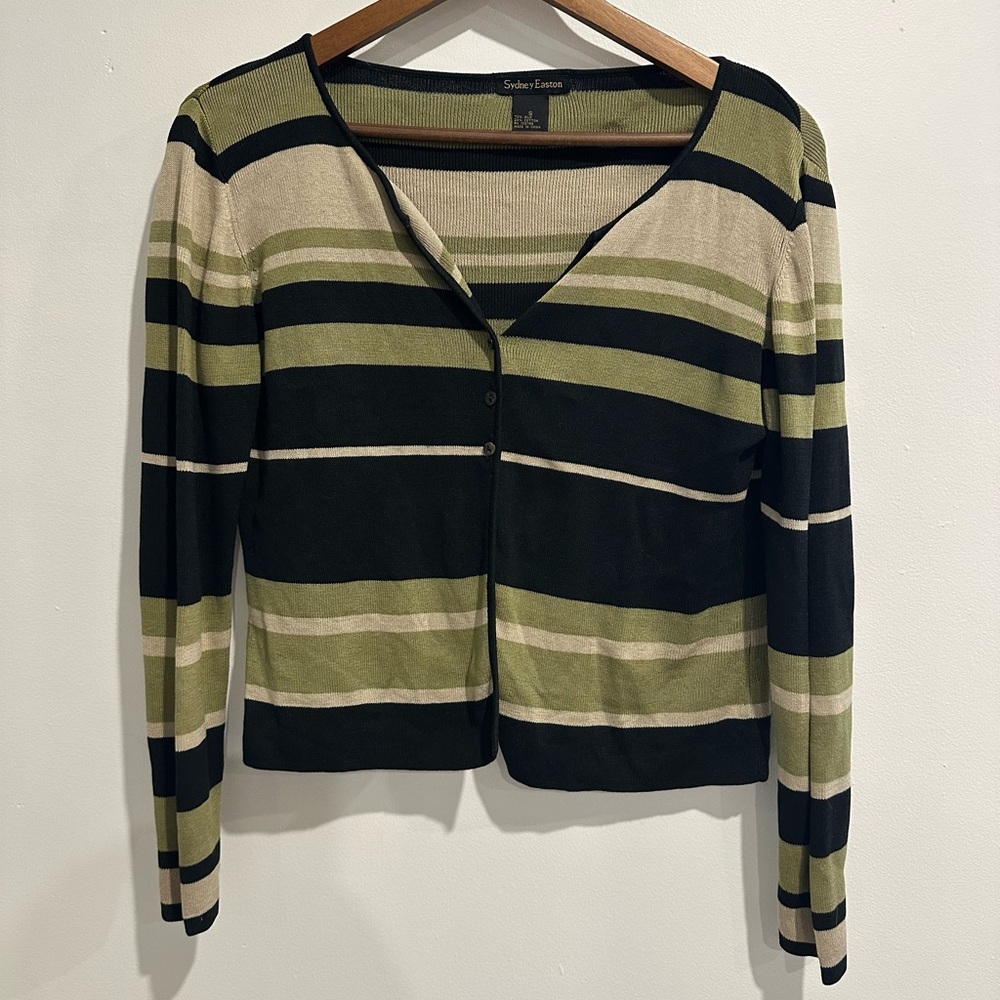 SYDNEY EASTON Vintage Silk Blend Green Strip Knit Cardigan Size‎ S